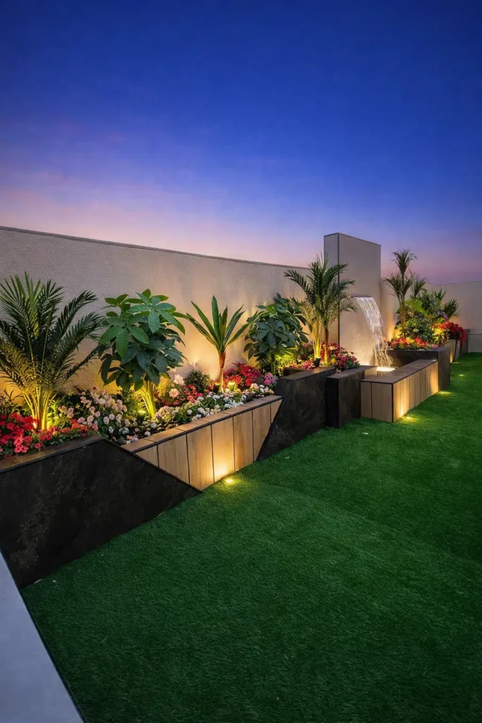 حديقة خارجية تضم أحواض زراعة مرتفعة وخشب مضاء من الأسفل، تتوزع فيها نباتات استوائية وزهور ملونة مع شلال جداري وإضاءة دافئة