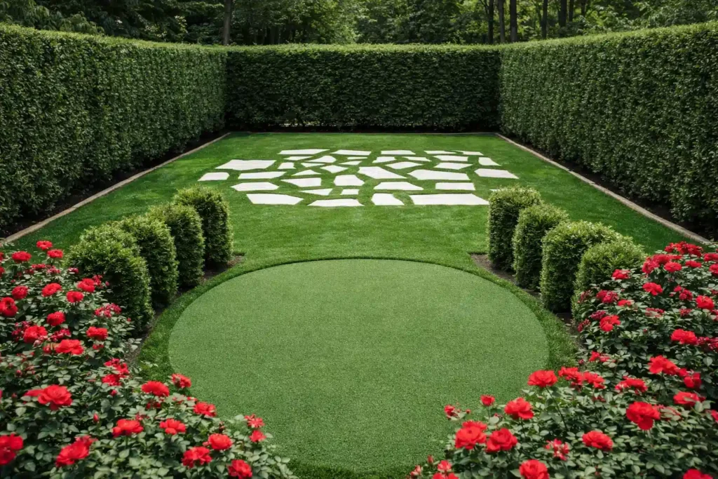 حديقة منزلية تضم عشبًا أخضر، ممرات حجرية بيضاء في الوسط، صفوف شجيرات منظمة، وسياج نباتي يحيط بالمكان مع زهور حمراء مزهرة