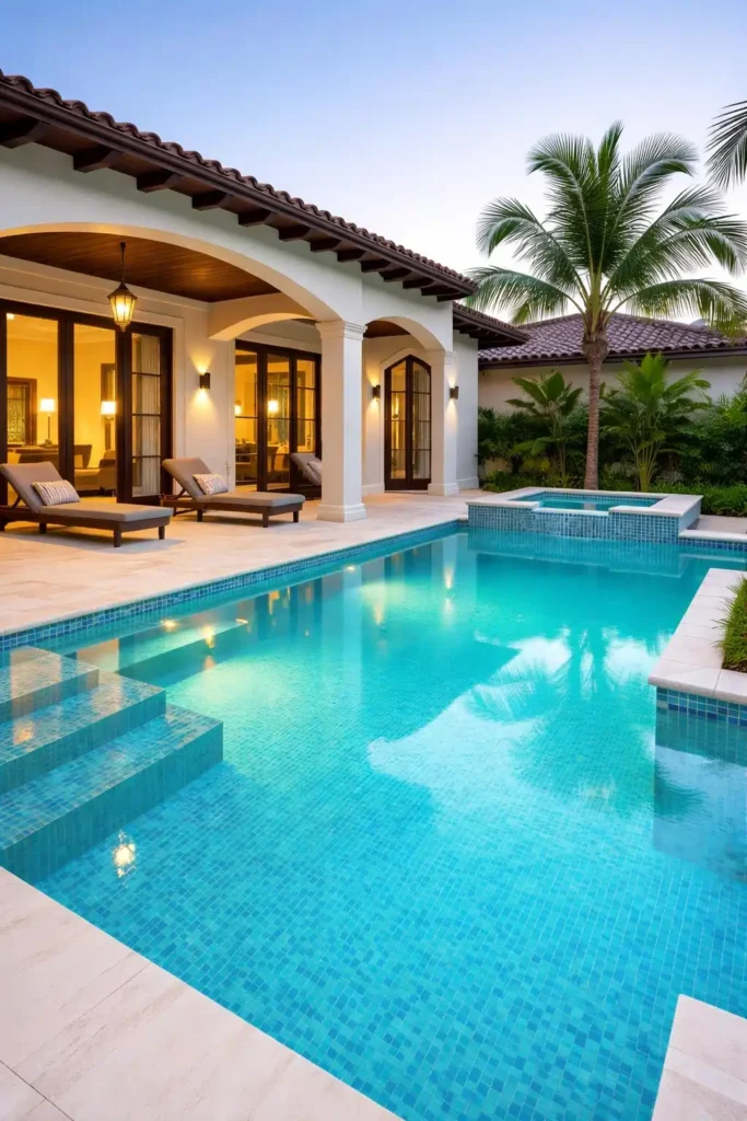 مسبح خارجي داخل فناء فيلا، درج نزول مائي وبلاط فيروزي، مع جاكوزي جانبي وجلسات تحت ممرات مقوسة مضاءة، تحيط به نباتات زينة