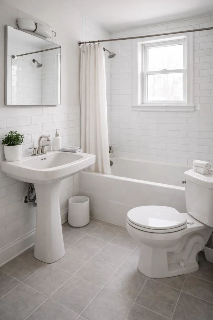 حمام بعد الترميم بتجهيزات جديدة وبلاط نظيف وتصميم عصري يمنح المكان مظهرًا حديثًا ومشرقًا