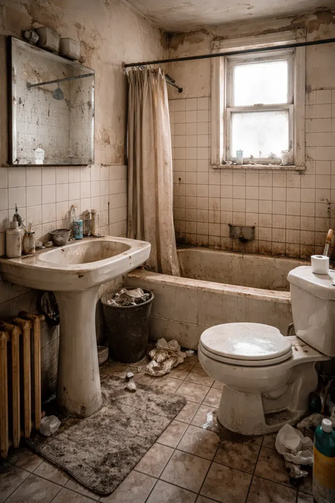 حمام قديم تظهر فيه آثار الرطوبة واتساخ الجدران والبلاط قبل تنفيذ أعمال التجديد