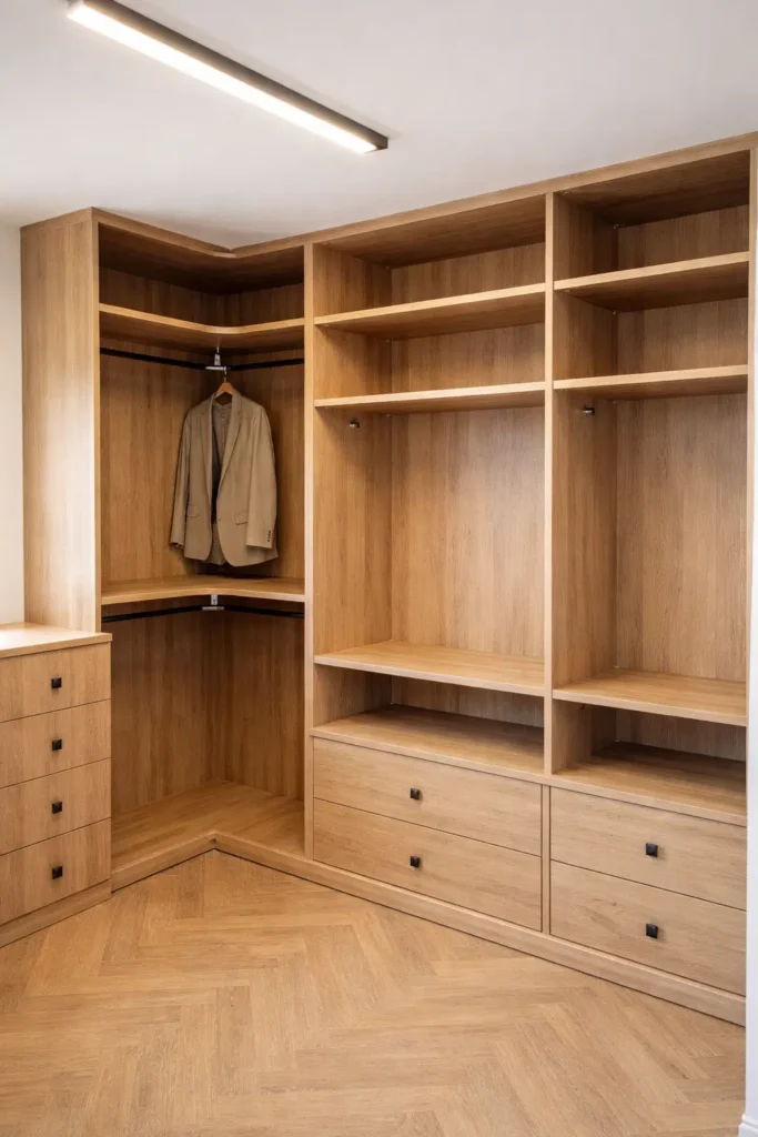غرفة ملابس خشبية بتصميم زاوية عملي، أرفف وأدراج متعددة مع مساحة تعليق ملابس