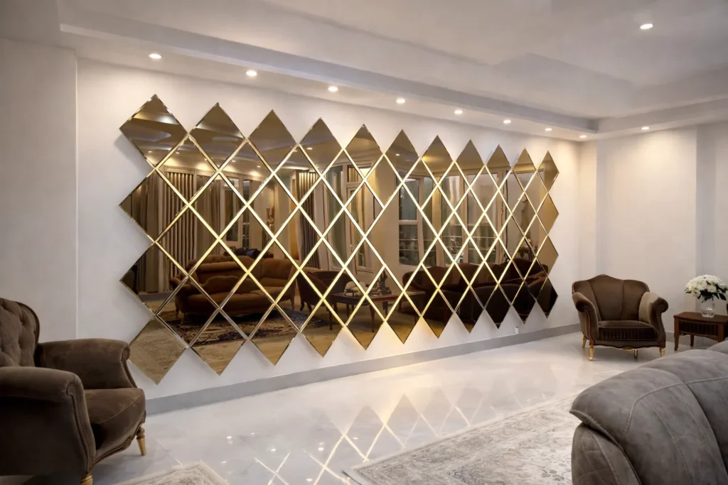 مرايا جدارية كبيرة بتصميم مربعات مائلة متداخلة بإطارات ذهبية مثبتة على كامل الجدار في مجلس فاخر، تعكس الإضاءة السقفية