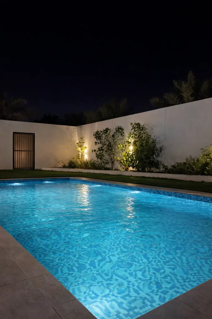 مسبح خارجي مستطيل داخل فناء منزلي، مزود بإضاءة مائية ليلية محاط بسور أبيض مع إنارة جدارية ونباتات زينة