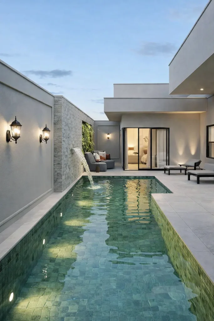 مسبح خارجي منزلي طولي ، شلال مائي حجري ينساب إلى داخل المسبح، محاط بأرضيات فاتحة وجلسات بسيطة، مع إضاءة جدارية وأبواب زجاجية