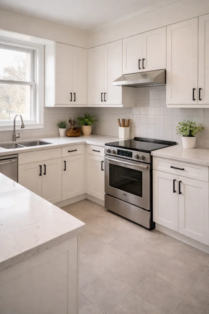 مطبخ بعد الترميم بتصميم حديث وخزائن نظيفة وأسطح عمل جديدة تمنح المكان مظهرًا مرتبًا