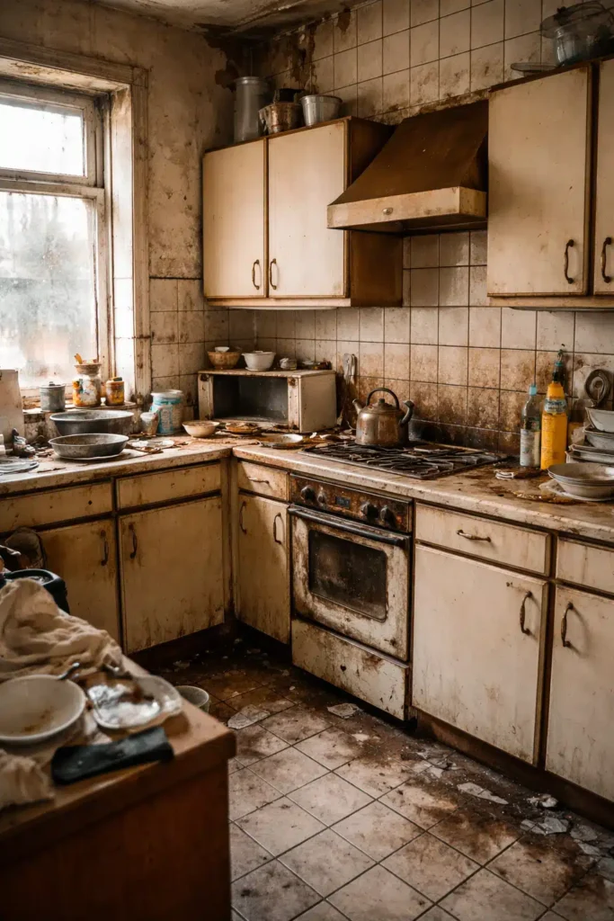 مطبخ قديم متسخ تظهر عليه آثار الاستخدام الطويل مع خزائن متضررة وبلاط قديم قبل أعمال الترميم