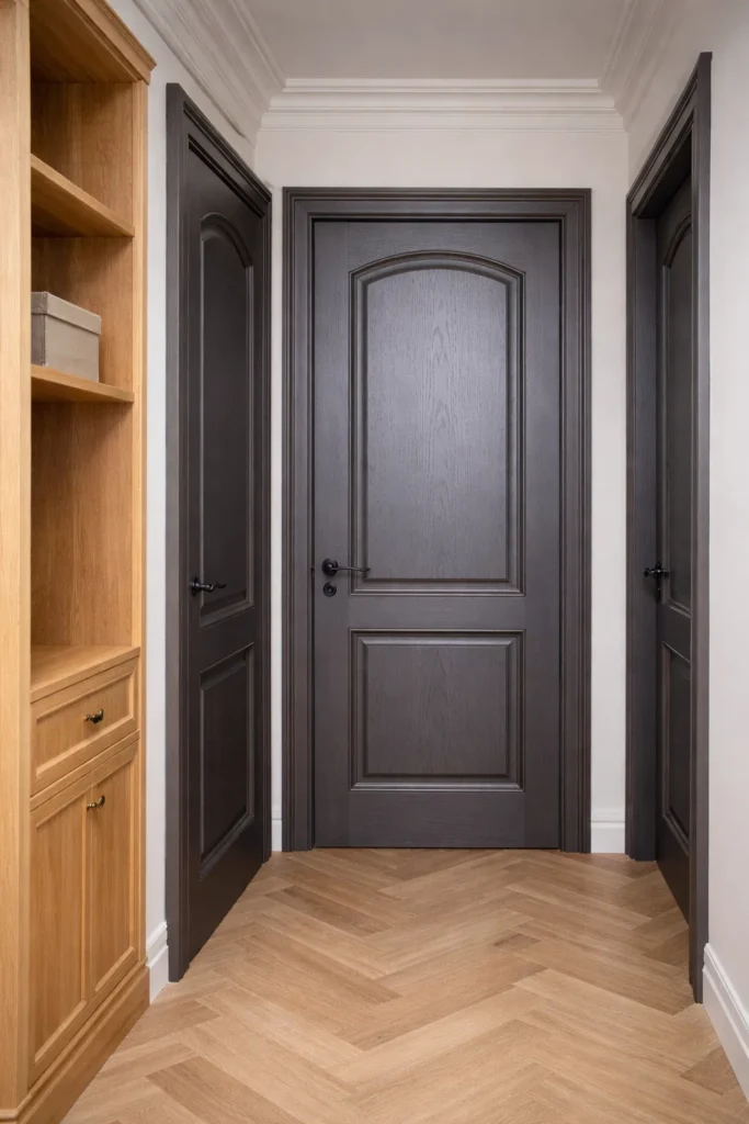 أبواب داخلية خشبية بلون رمادي داكن مع إطارات بارزة ومقابض سوداء في ممر بأرضية باركيه متعرجة