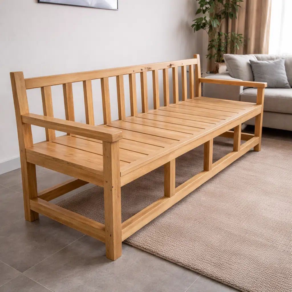 كنبة خشبية طويلة بلون طبيعي وقوائم متينة موضوعة داخل غرفة معيشة بجانب أريكة قماشية ونبات داخلي وإضاءة طبيعية من النافذة