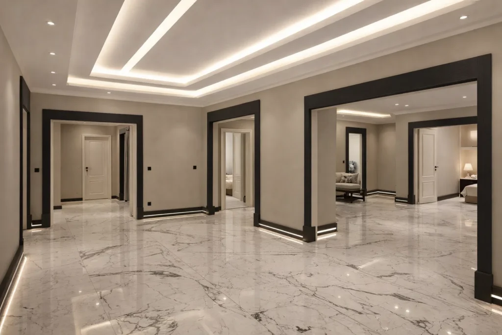 صالة منزل فاخرة بديكور حديث وأرضية رخام لامعة مع سقف جبس بورد وإضاءة مخفية بتشطيب احترافي من صباغ الخبر