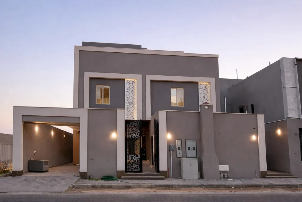 واجهة منزل حديث بطلاء خارجي رمادي مع إضاءة جدارية وزخارف ديكورية حول النوافذ، يظهر فيها تنسيق الألوان