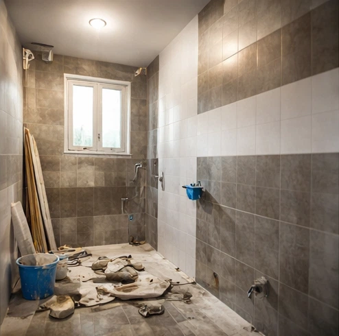 أعمال ترميم حمام وتجديد السيراميك وتركيب التشطيبات الداخلية قبل الانتهاء من مرحلة التنظيف والتسليم