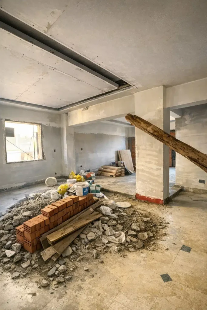 أعمال تكسير وتجهيز منزل قبل الترميم مع إزالة الأرضيات وبدء مرحلة إعادة التأهيل الداخلي