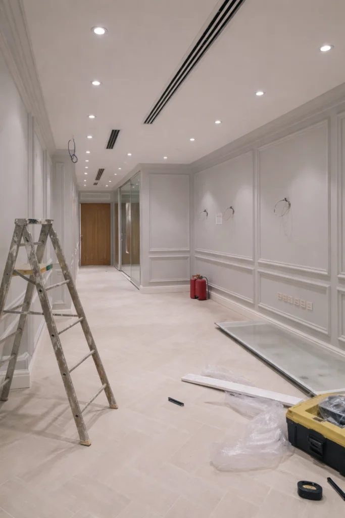 صالة واسعة قيد التشطيب بديكور بانوهات جدارية كلاسيكية وطلاء أبيض مع سقف جبس بورد من تنفيذ صباغ الخبر