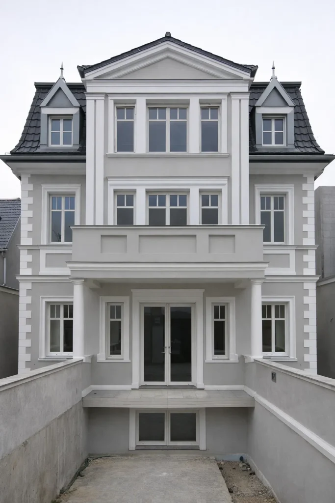 ممر داخلي بطلاء بيج هادئ مع بانوهات جدارية كلاسيكية وأبواب بيضاء وأرضية باركيه خشبية في تصميم ممر منزل أنيق