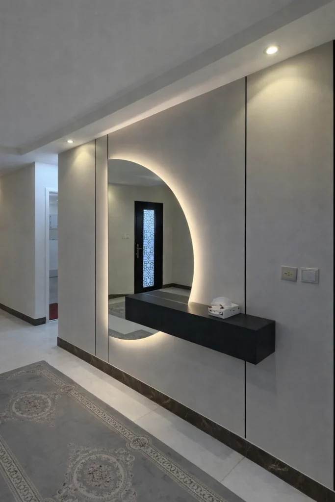 ديكور مدخل حديث بمرآة دائرية مضيئة مع رف جداري أسود وجدران بطلاء رمادي هادئ في مدخل شقة عصرية