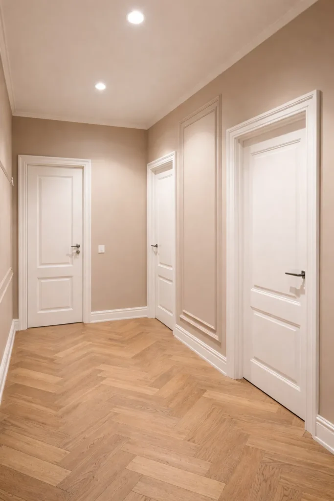 ممر داخلي بطلاء بيج هادئ مع بانوهات جدارية كلاسيكية وأبواب بيضاء وأرضية باركيه خشبية في تصميم ممر منزل أنيق