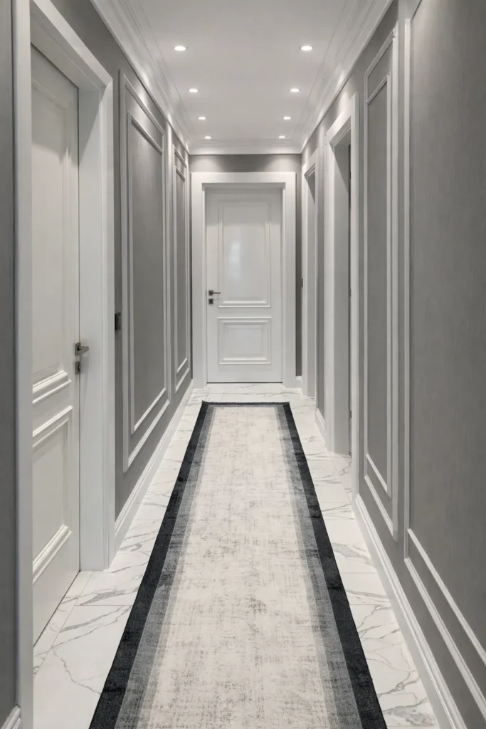 ممر داخلي بديكور دهانات رمادية مع بانوهات جدارية كلاسيكية وأبواب بيضاء وأرضية رخام في ممر شقة حديثة