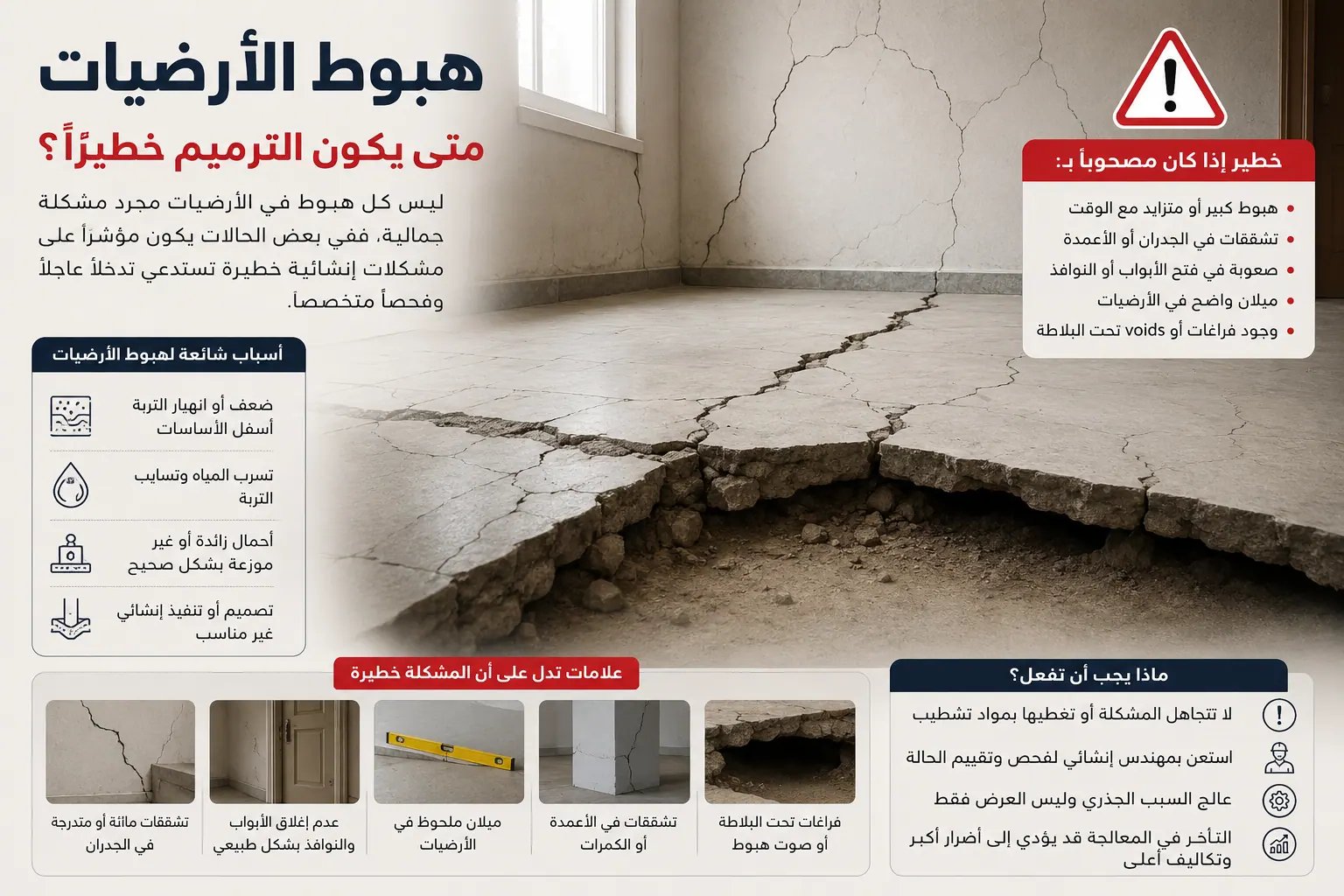 هبوط وتشقق الأرضيات داخل مبنى يحتاج إلى فحص فني